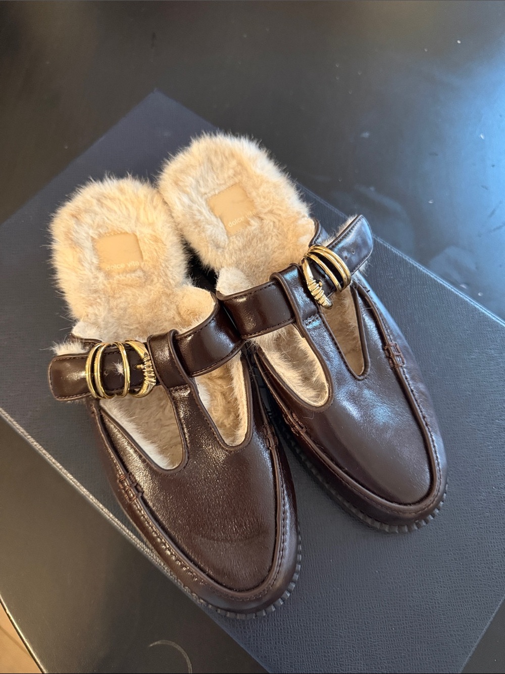 Dolce Vita Dark Brown Faux-Fur Lined Buckle Mules